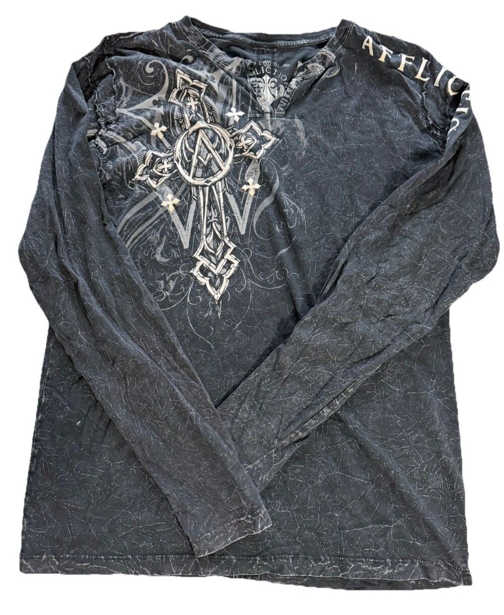 Affliction Men XL Long Sleeve Shirt Black Acid Wash Gothic Wings Cross MMA Y2K